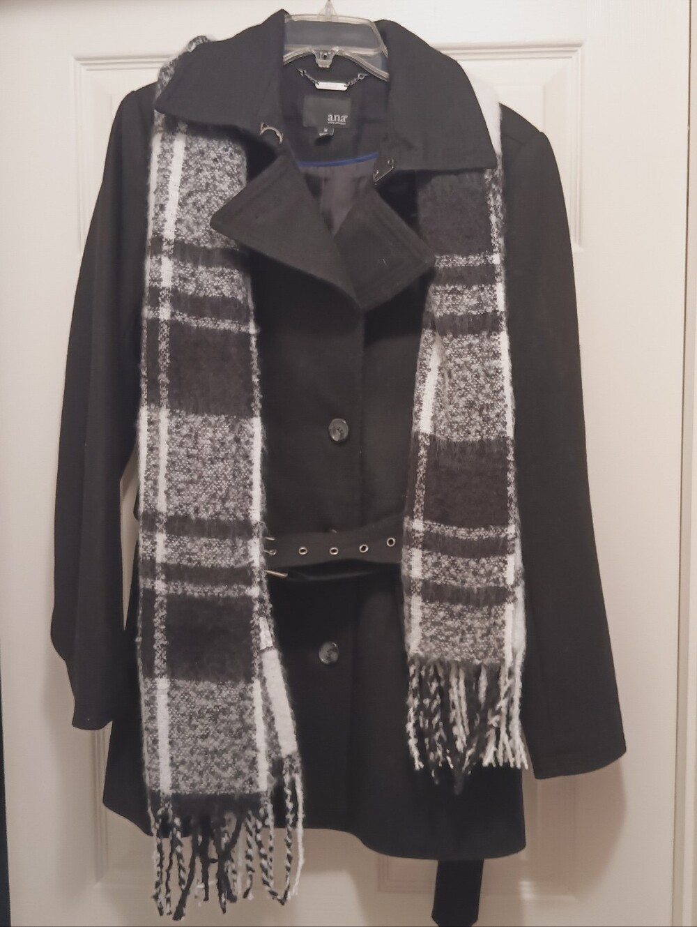 a.n.a. Classic Women's Black Belted Peacoat with Black & White Plaid Scarf